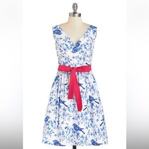 Modcloth Blue and White Bird Print Dress with Red Sash